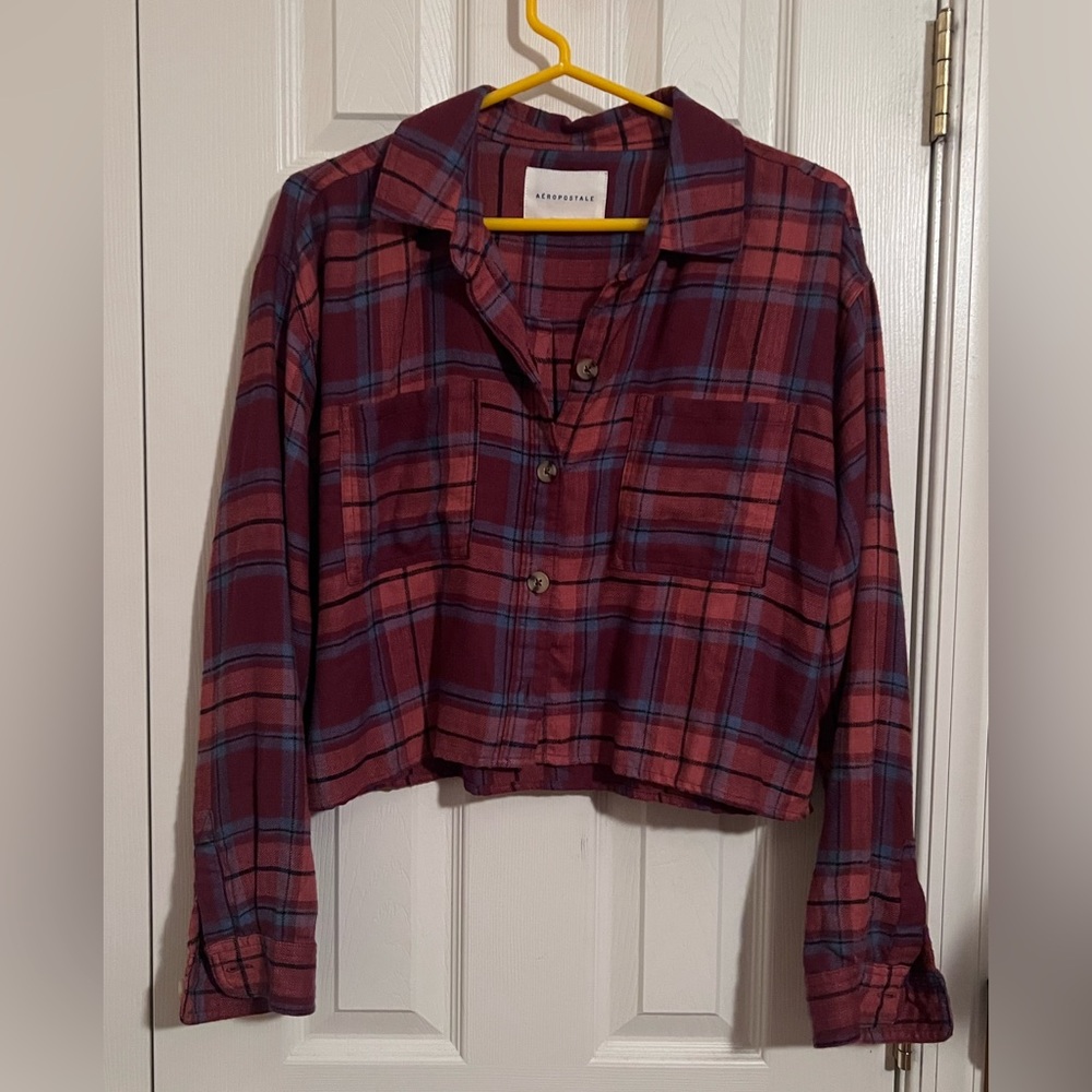red orange blue and black aeropostale cropped flannel